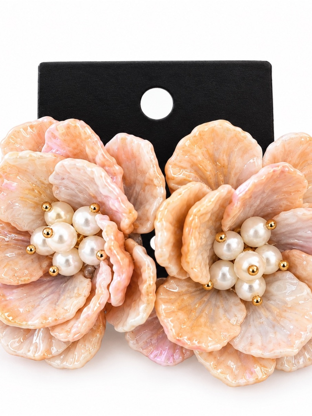 Pearl Center Peach Floral Statement Earrings - Women Accessories